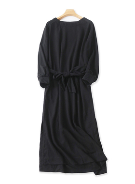 圆领系带长款连衣裙 春秋新款显瘦时尚女外贸长袖开叉长裙子15064