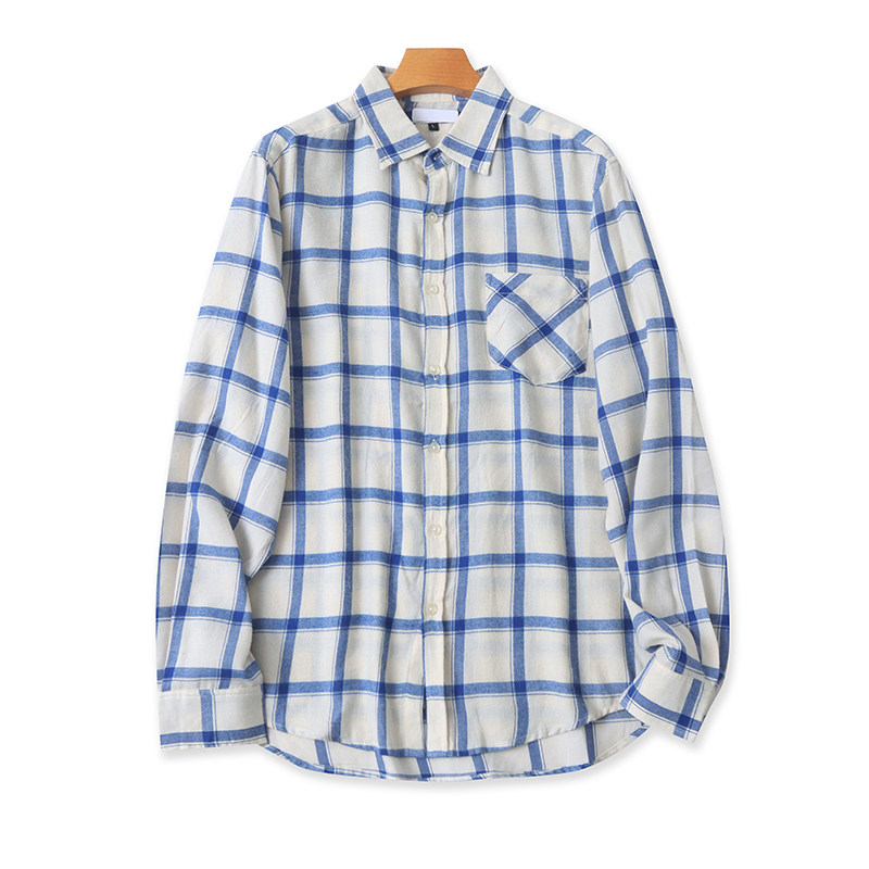 翻领格子长袖棉衬衫 春秋新款宽松衬衣 男女外贸纽扣上衣 16224