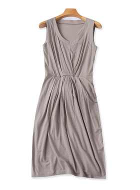 中长款圆领背心连衣裙 系带显瘦褶皱女夏季新款外贸无袖裙子04182