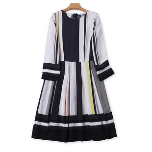 女收褶打底裙子L 中长款 17底 长袖 外贸圆领竖条纹气质连衣裙春新款