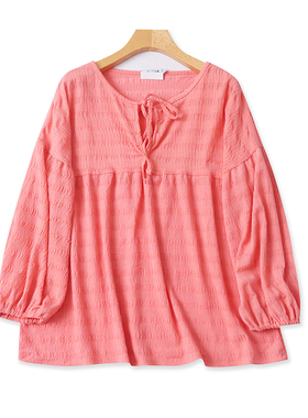 V领系带小衫 春秋新款长袖百搭灯笼袖 套头女打底衫宽松上衣06124