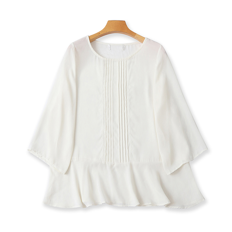 外贸圆领褶皱7分袖T恤衫小衫时尚