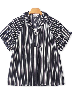 外贸翻领条纹短袖衬衫 夏季新款显瘦套头女衬衣宽松大版上衣10493