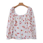 新款 小衫 V领碎花泡泡袖 女宽松打底衫 夏季 衬衫 九分袖 上衣I