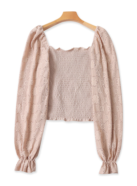 蕾丝方领短款T恤衫 春秋新款百搭弹力长袖衬衫 女装甜美上衣08404