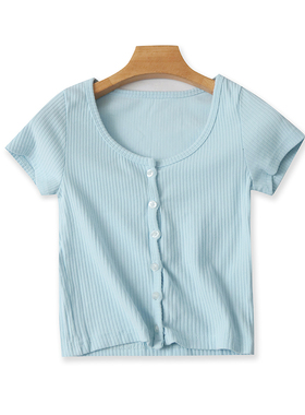 短袖圆领针织T恤衫 弹力修身体恤衫 女套头纽扣开衫打底上衣22054