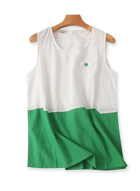 棉麻拼色无袖背心 夏季新款A字版显瘦时尚T恤女外单打底上衣14522