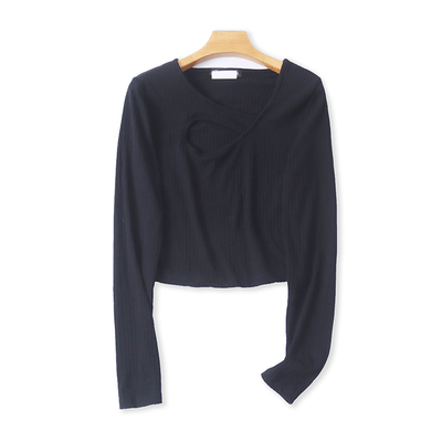 外贸圆领镂空打底衫 春夏季新款长袖时尚T恤衫 女士修身上衣12014