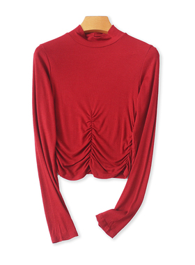 立领收褶T恤衫 春秋新款长袖体恤显瘦女打底衫 外贸弹力上衣02244