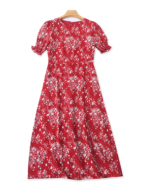 短袖圆领碎花连衣裙夏季新款外贸A字显瘦收腰时尚女套头裙子10512