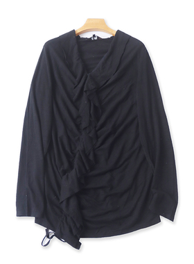 木耳边长袖T恤衫 春秋新款按扣开衫 荷叶边显瘦女打底衫上衣20123