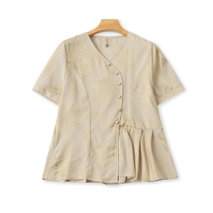 新中式国风暗花纹衬衫 夏季新款时尚女套头显瘦衬衣短袖上衣09194