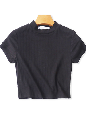 立领竖条纹短袖T恤衫夏季新款弹力短款打底体恤衫女修身上衣09034