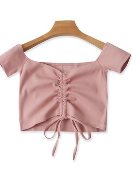 一字肩露肩系带短袖T恤衫辣妹显瘦女修身短款时尚打底衫上衣08274