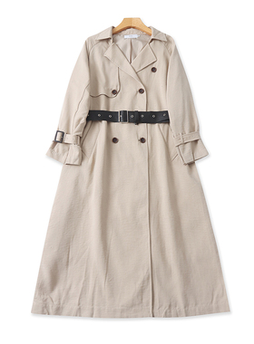 外贸长款翻领风衣 春秋新款双排扣时尚宽松收腰女装大衣外套16514