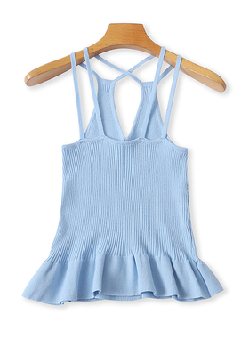 外贸针织背心 春秋新款内搭时尚弹力修身小吊带女荷叶边上衣14301