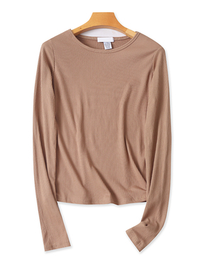 圆领针织T恤衫 春秋新款长袖体恤打底衫 女修身显瘦外贸上衣17333