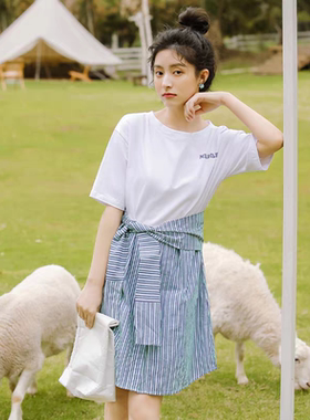 圆领刺绣假两件连衣裙夏季新款系带A字版显瘦女套头中长款裙10452