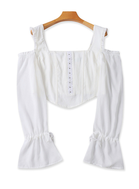 方领甜美小衫 夏季新款露臂短款上衣女外贸时尚百搭长袖上衣16083