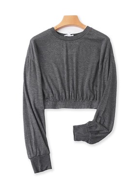 外贸圆领短款T恤衫 夏季新款长袖体恤 女宽松露脐打底衫卫衣14473