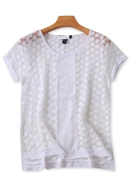 圆领钩花T恤衫 夏季新款短袖镂空T恤罩衫 女士外贸宽松上衣 03274