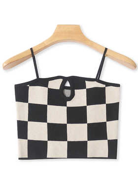 复古格子短款吊带 上衣女针织背心夏季新款棋盘格女打底上衣11522