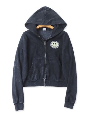 外贸连帽做旧卫衣 春秋新款印花宽松显瘦上衣女加绒短款外套11374