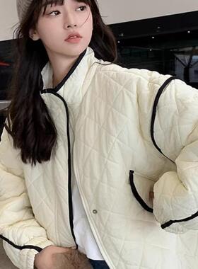 高领拼色棉衣 秋冬新款轻薄保暖棉服 休闲菱格时尚女面包服 12544