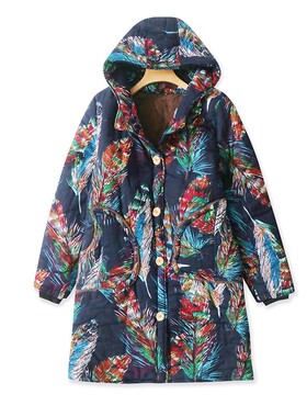 连帽加绒中长款厚棉衣 冬季新款印花纽扣开衫百搭时尚女棉服06084