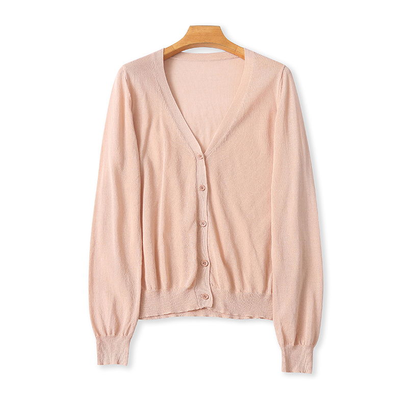 外贸冰丝V领长袖针织简约开衫女