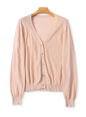 外贸冰丝V领长袖针织衫 春秋薄款时尚开衫 女装宽松休闲上衣16191