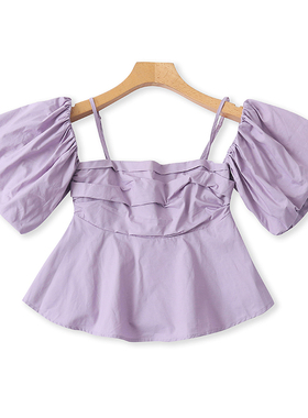 外贸吊带一字肩泡泡小衫 夏收腰显瘦短款女甜美裹胸衬衫上衣24324