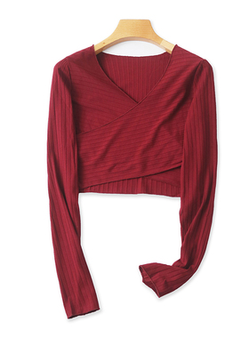 V领针织衫 春夏季新款长袖交叉短款时尚T恤女打底衫露脐上衣23413