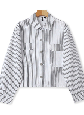 外贸翻领竖条纹衬衫外套 春秋款纽扣开衫宽松休闲女长袖上衣18392