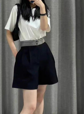 时尚松紧腰休闲短裤 夏季新款高腰阔腿女宽松显瘦西装热裤子14302