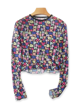 圆领网纱印花短款打底衫 女套头显瘦T恤衫 百搭外单长袖上衣18223