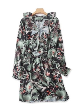 V领蝙蝠袖收腰连衣裙 夏季新款A字显瘦中长印花裙女长袖裙子13291