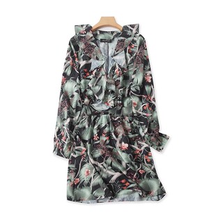 A字显瘦中长印花裙女长袖 V领蝙蝠袖 新款 夏季 裙子13291 收腰连衣裙