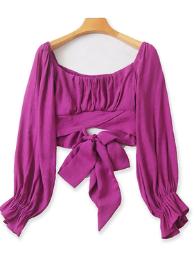 一字肩短款系带小衫 春秋新款长袖衬衫 时尚打底女衬衣上衣 06254