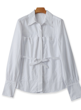外贸翻领长袖衬衫 春秋新款时尚衬衣女系带打底衫黑白色上衣22412