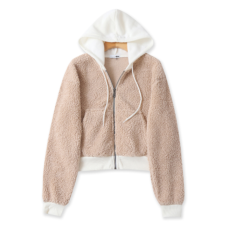 外贸连帽撞色毛绒外套时尚短款厚