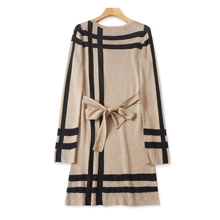 外贸条纹长袖针织连衣裙 春秋新款女时尚中长款系带毛衣裙子21343