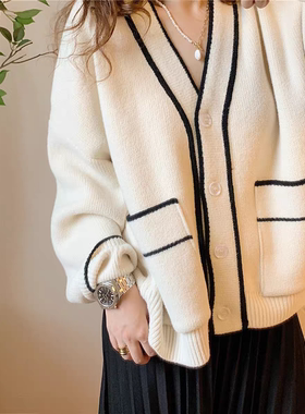 外贸V领长袖厚针织开衫 春秋款时尚女拼色宽松甜美毛衣外套 06262