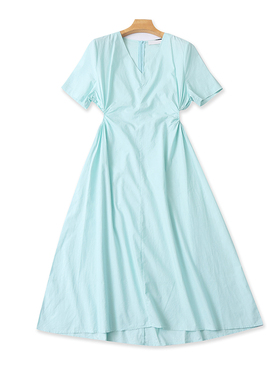 棉V领短袖露腰收腰连衣裙 夏季新款A字显瘦中长款女套头裙子19303