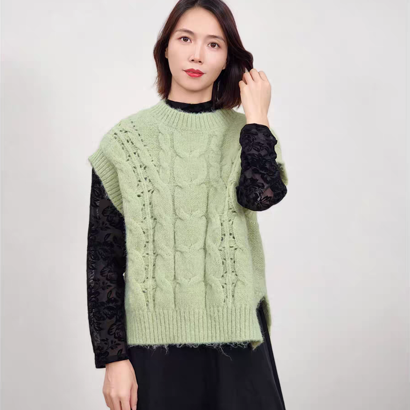 外贸立领麻花纹毛衣背心 秋冬新款时尚开叉无袖针织马甲上衣17272,女装/女士精品,马夹,淘宝优惠券,粉丝福利购,淘宝优惠卷