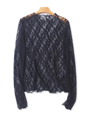 蕾丝圆领透视小衫 夏季新款套头显瘦女长袖打底T恤 修身上衣10393