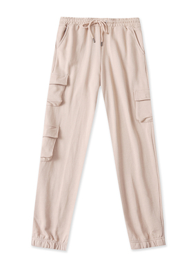 外贸松紧腰工装卫裤 春秋新款毛圈收脚口时尚宽松女运动裤子21213