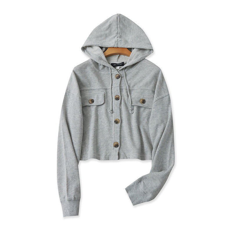 连帽毛圈卫衣 春秋新款纽扣开衫百搭短款外套帽衫休闲女上衣19383,女装/女士精品,卫衣/绒衫,淘宝优惠券,粉丝福利购,淘宝优惠卷