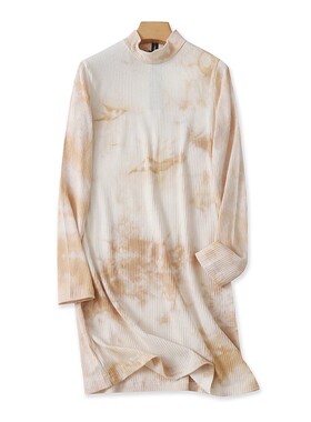 外贸半高领扎染针织连衣裙 春秋款修身长袖弹力女中长款裙子22373