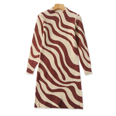 外贸立领花纹针织连衣裙修身毛衣